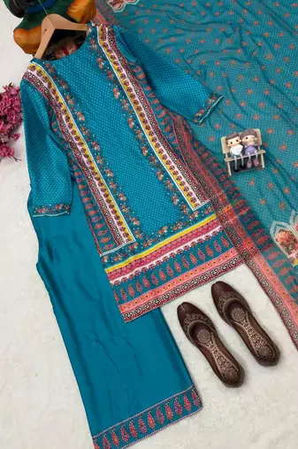 emerald color digital print malai satin kurti palazzo set