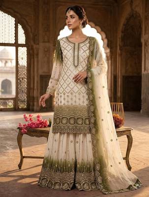White And Olive Color Embroidery Sequence Work Georgette Salwar Suit 1