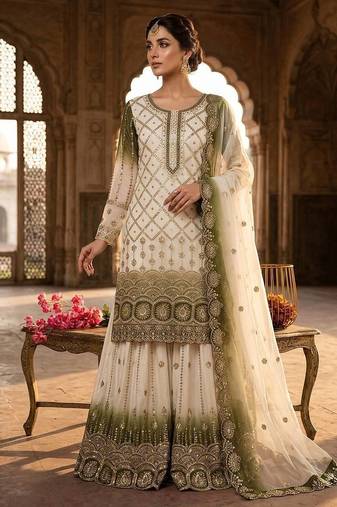 White And Olive Color Embroidery Sequence Work Georgette Salwar Suit