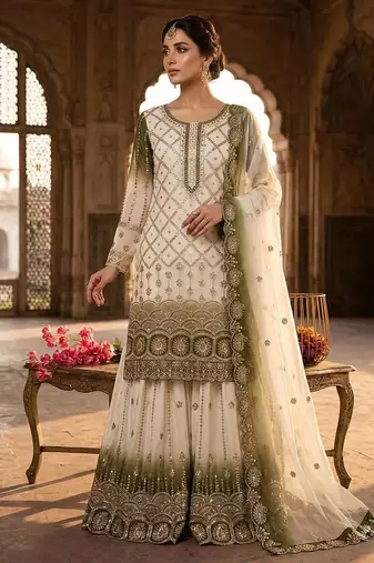 White And Olive Color Embroidery Sequence Work Georgette Salwar Suit