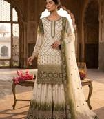 White And Olive Color Embroidery Sequence Work Georgette Salwar Suit