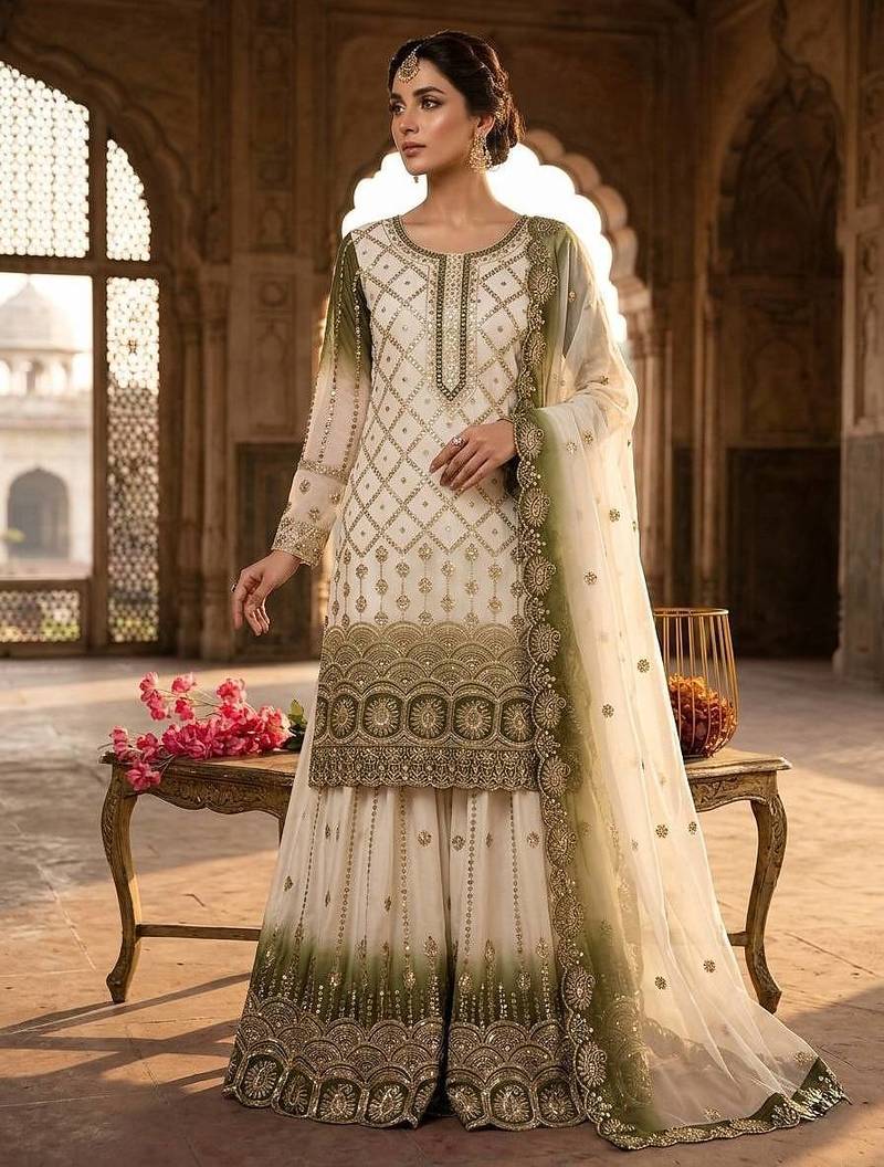 White And Olive Color Embroidery Sequence Work Georgette Salwar Suit