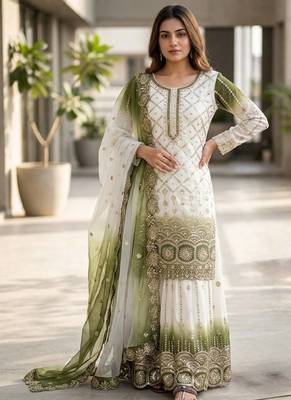 White And Olive Color Embroidery Sequence Work Georgette Salwar Suit 2