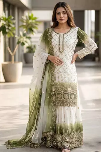 White And Olive Color Embroidery Sequence Work Georgette Salwar Suit