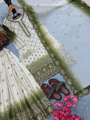 White And Olive Color Embroidery Sequence Work Georgette Salwar Suit 3