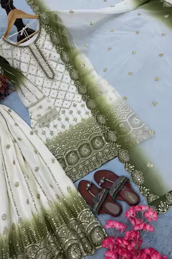 White And Olive Color Embroidery Sequence Work Georgette Salwar Suit
