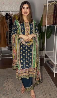 dark teal color digital print malai satin kurti palazzo set 1