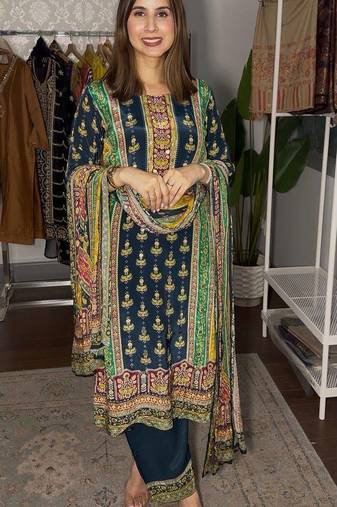 dark teal color digital print malai satin kurti palazzo set