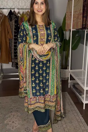 dark teal color digital print malai satin kurti palazzo set