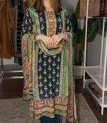 dark teal color digital print malai satin kurti palazzo set