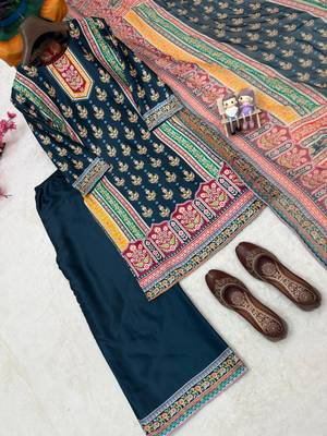 dark teal color digital print malai satin kurti palazzo set 2
