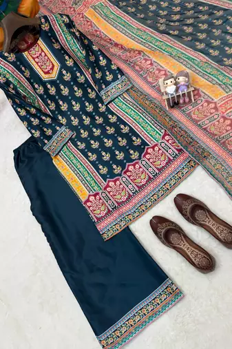 dark teal color digital print malai satin kurti palazzo set
