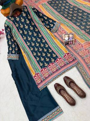 dark teal color digital print malai satin kurti palazzo set 3