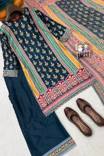 dark teal color digital print malai satin kurti palazzo set