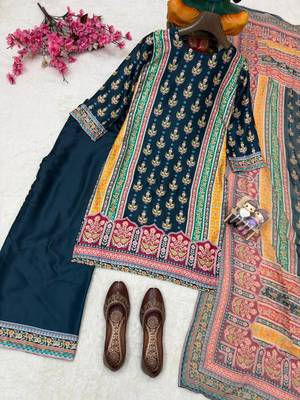 dark teal color digital print malai satin kurti palazzo set 4