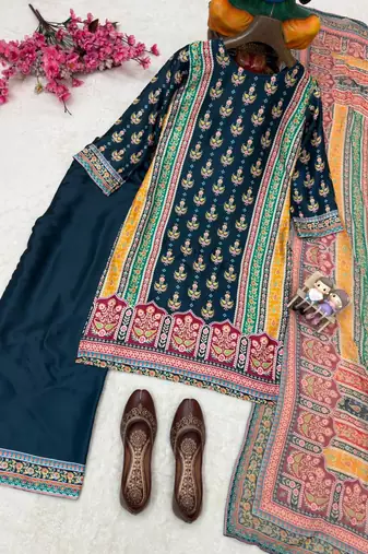 dark teal color digital print malai satin kurti palazzo set