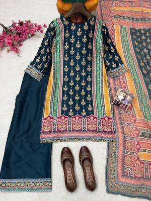 dark teal color digital print malai satin kurti palazzo set 5