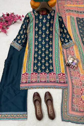 dark teal color digital print malai satin kurti palazzo set