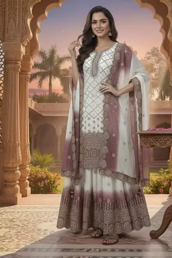 White And Pink Color Embroidery Sequence Work Georgette Salwar Suit