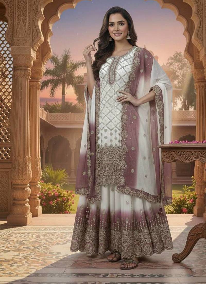 White And Pink Color Embroidery Sequence Work Georgette Salwar Suit