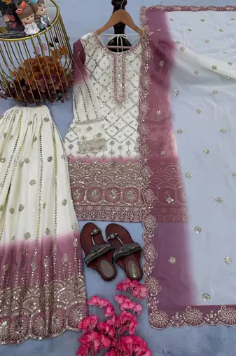 White And Pink Color Embroidery Sequence Work Georgette Salwar Suit