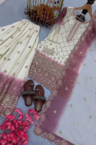 White And Pink Color Embroidery Sequence Work Georgette Salwar Suit