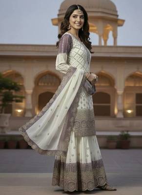 White And Purple Color Embroidery Sequence Work Georgette Salwar Suit 1