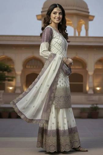 White And Purple Color Embroidery Sequence Work Georgette Salwar Suit