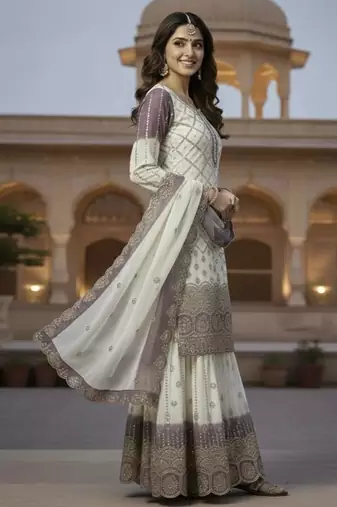 White And Purple Color Embroidery Sequence Work Georgette Salwar Suit