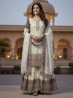White And Purple Color Embroidery Sequence Work Georgette Salwar Suit 2