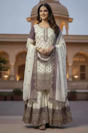 White And Purple Color Embroidery Sequence Work Georgette Salwar Suit