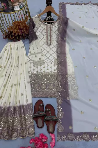 White And Purple Color Embroidery Sequence Work Georgette Salwar Suit