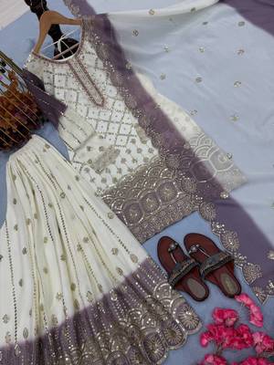 White And Purple Color Embroidery Sequence Work Georgette Salwar Suit 4