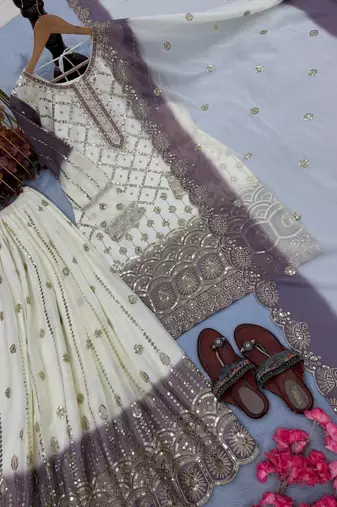 White And Purple Color Embroidery Sequence Work Georgette Salwar Suit