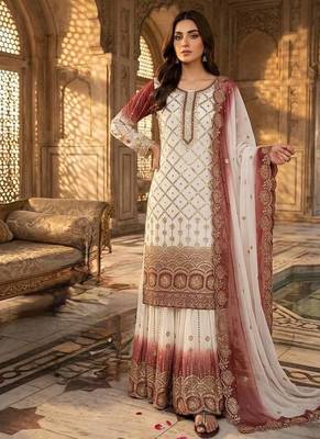 White And red Color Embroidery Sequence Work Georgette Salwar Suit 1