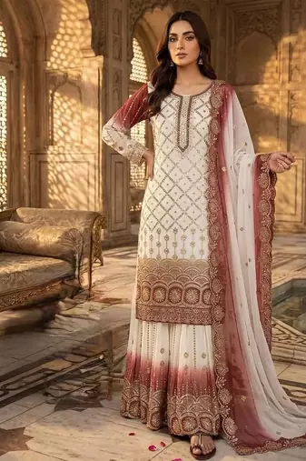 White And red Color Embroidery Sequence Work Georgette Salwar Suit