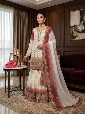 White And red Color Embroidery Sequence Work Georgette Salwar Suit 2
