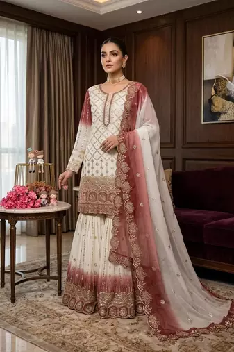 White And red Color Embroidery Sequence Work Georgette Salwar Suit