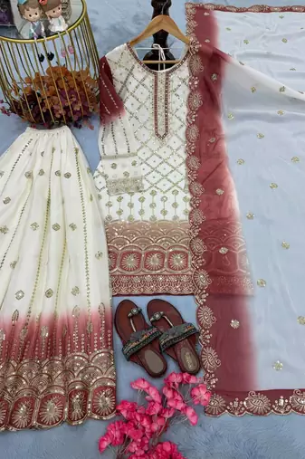 White And red Color Embroidery Sequence Work Georgette Salwar Suit