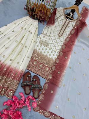 White And red Color Embroidery Sequence Work Georgette Salwar Suit 4