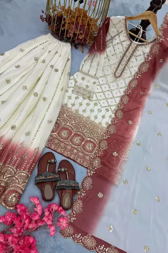 White And red Color Embroidery Sequence Work Georgette Salwar Suit