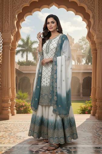 White And teal Color Embroidery Sequence Work Georgette Salwar Suit