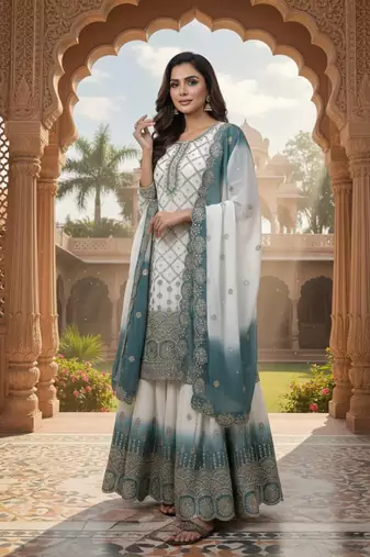 White And teal Color Embroidery Sequence Work Georgette Salwar Suit