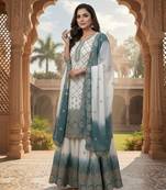 White And teal Color Embroidery Sequence Work Georgette Salwar Suit