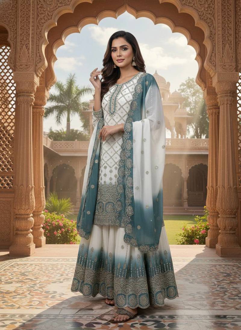White And teal Color Embroidery Sequence Work Georgette Salwar Suit