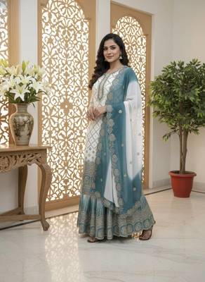 White And teal Color Embroidery Sequence Work Georgette Salwar Suit 2