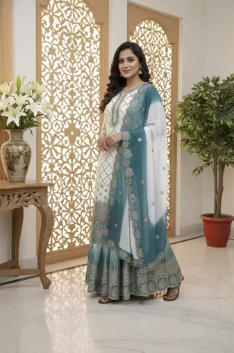 White And teal Color Embroidery Sequence Work Georgette Salwar Suit