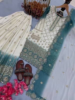 White And teal Color Embroidery Sequence Work Georgette Salwar Suit 3