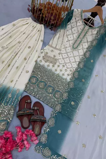 White And teal Color Embroidery Sequence Work Georgette Salwar Suit
