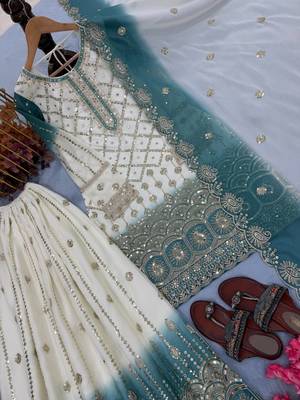 White And teal Color Embroidery Sequence Work Georgette Salwar Suit 4